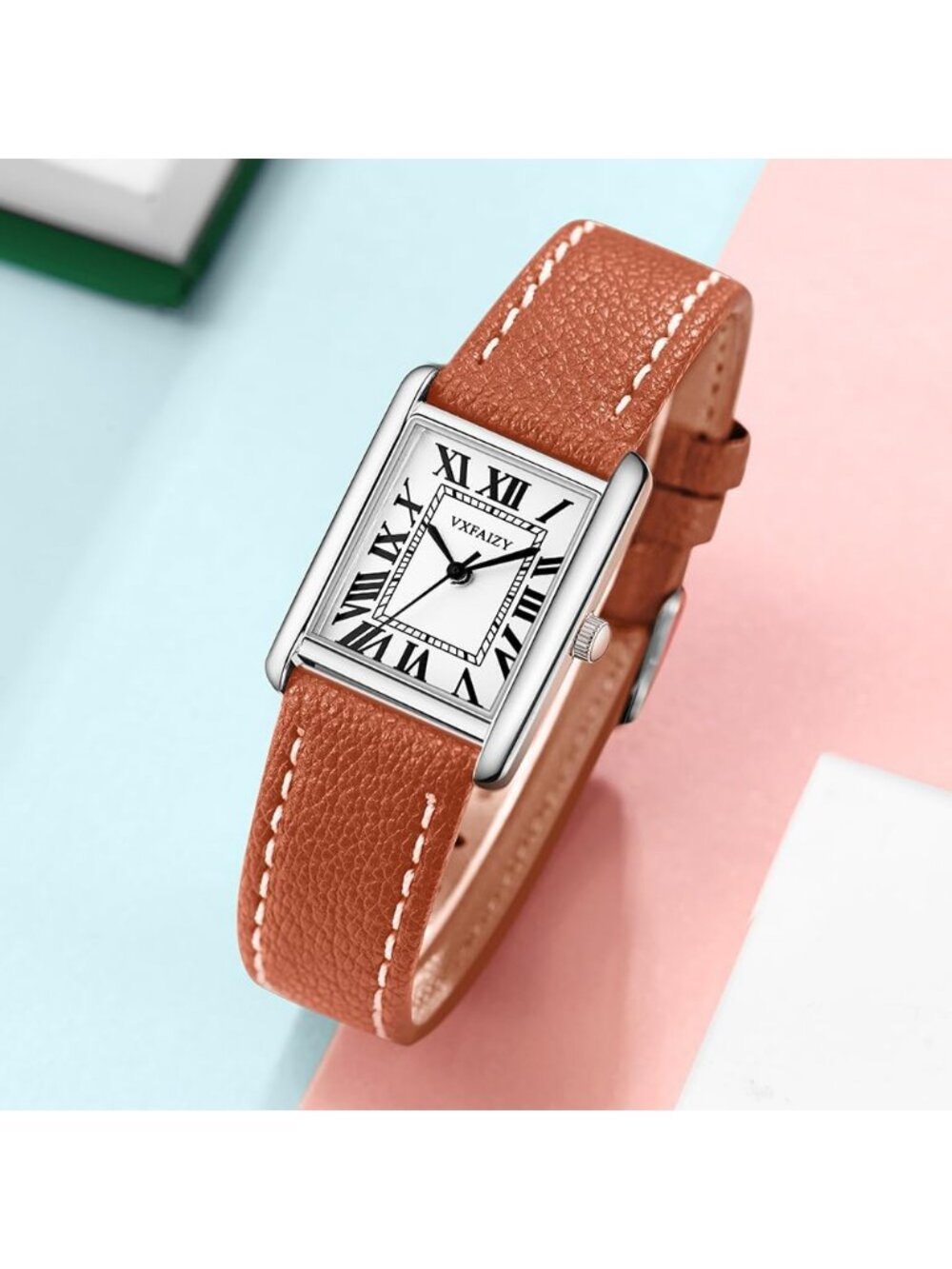 Women's Khaki Silver Vintage Roman Number Genuine Leather Strap Wrist Watches - Picture 3 of 6